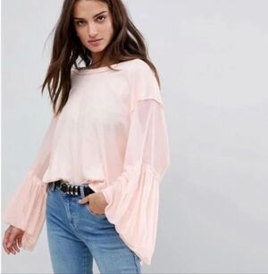 Free People Light Pink Sheer Sleeve Blouse